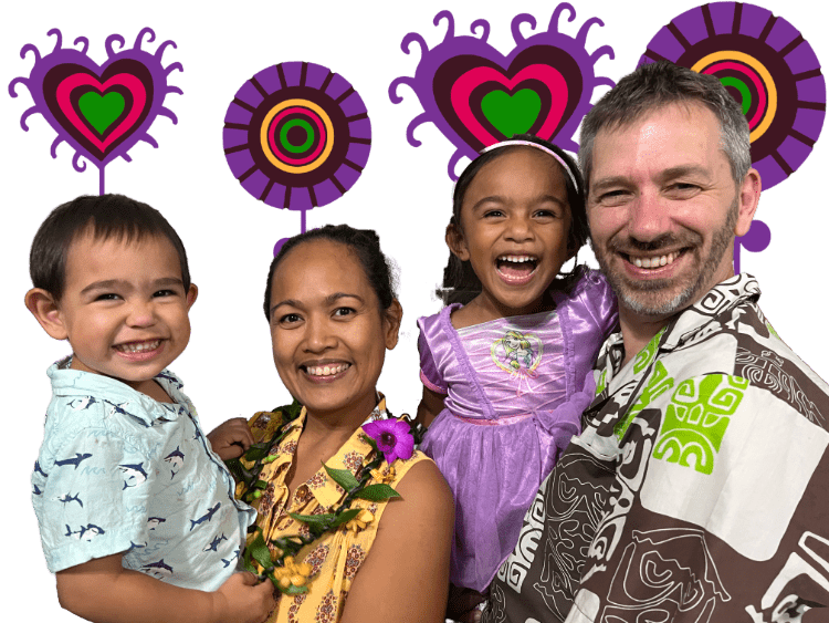 A picture of Kaliko and family with flowers and heart graphics behind
