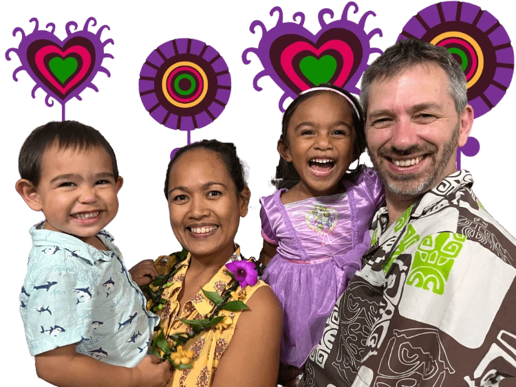 a picture of Kaliko and his wife and two children above a fun graphics background